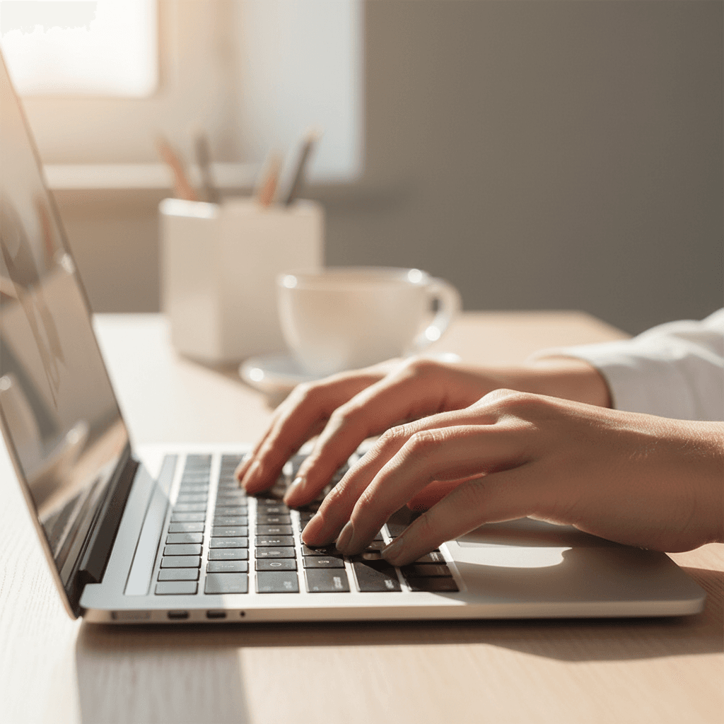 Hands typing on laptop in natural light