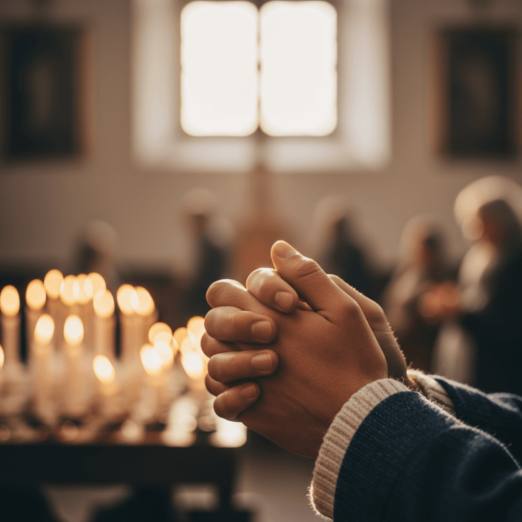 Hands in prayer on wooden table with candlelight